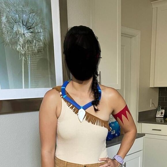 Pocahontas one shoulder tan beige bodysuit cotton fringe trim tribal costume - Picture 2 of 8